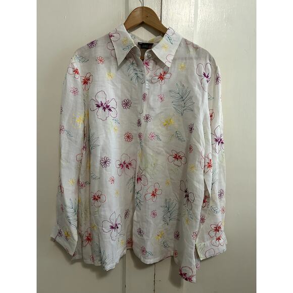 Women's Carole Little White Embroidered Linen Button Down Petite XL - Picture 1 of 6